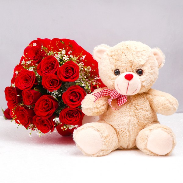 Red Roses Bunch With Teddy